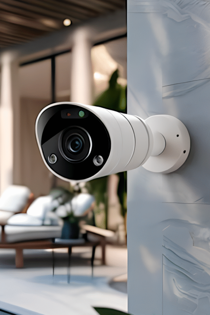 Câmera de segurança instalada na parede de um prédio moderno